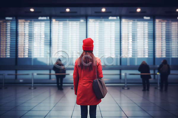 성인 성인여자한명만 여자 한명 JPG 뒷모습 편집이미지 가방 공항 기다림 모자(잡화) 상반신 서기 여행 전광판