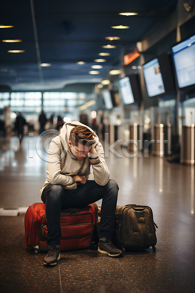 남자 성인 성인남자한명만 한명 JPG 앞모습 편집이미지 가방 공항 기다림 앉기 여행 전광판 전신 캐리어