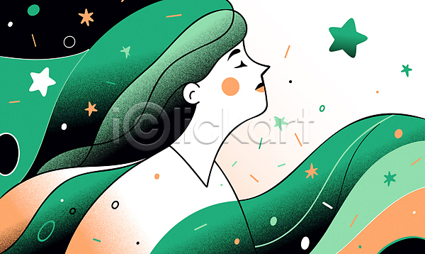 감성 성인 성인여자한명만 여자 한명 AI(파일형식) 라인일러스트 일러스트 눈감음 달 라인아트 명상 별 상반신 숙면 야간 초록색
