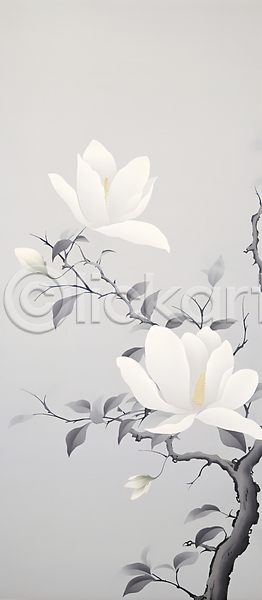 사람없음 PSD 일러스트 나뭇가지 나뭇잎 동양화 목련 백그라운드 붓터치 수묵화 전통 회색 흰색