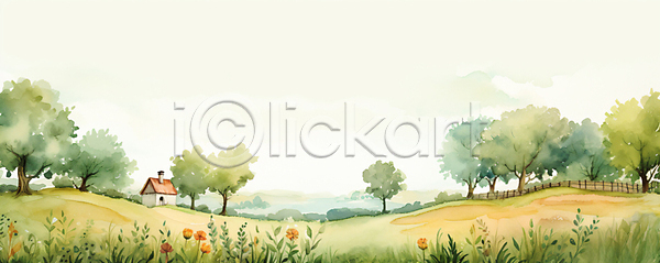 분위기 사람없음 JPG 디지털합성 편집이미지 나무 들꽃 백그라운드 수채화(물감) 시골 주택 풍경(경치) 하늘