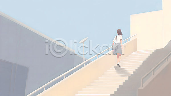 십대여자한명만 여자 청소년 한명 JPG 일러스트 가방 건물 계단 교복 등교 베이지색 전신 조명 풍경(경치) 하늘 하늘색 학교 학생