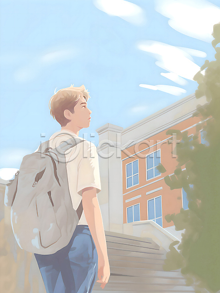 남자 십대남자한명만 청소년 한명 JPG 일러스트 건물 계단 교복 구름(자연) 나무 등교 상반신 책가방 풍경(경치) 하늘 학교 학생