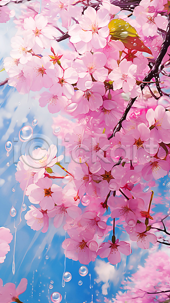 사람없음 JPG 편집이미지 물방울 벚꽃 벚나무 봄 분홍색 페인팅 하늘