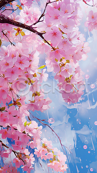 사람없음 JPG 편집이미지 물방울 벚꽃 벚나무 봄 분홍색 페인팅 하늘