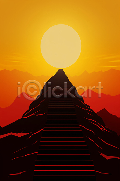 사람없음 JPG 일러스트 계단 백그라운드 빨간색 산 일몰 정상 태양 하늘