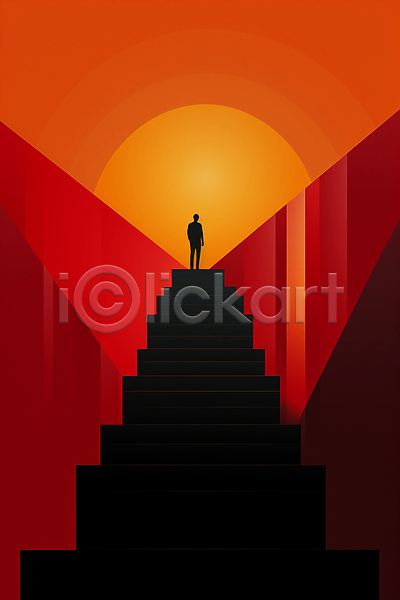 남자 성인 성인남자한명만 한명 JPG 뒷모습 실루엣 일러스트 계단 백그라운드 빨간색 일몰 전신 정상 태양 하늘