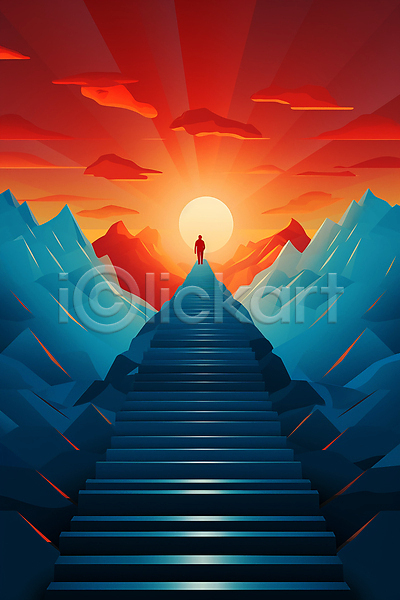 남자 성인 성인남자한명만 한명 JPG 뒷모습 실루엣 일러스트 계단 백그라운드 빨간색 산 일몰 전신 정상 태양 하늘