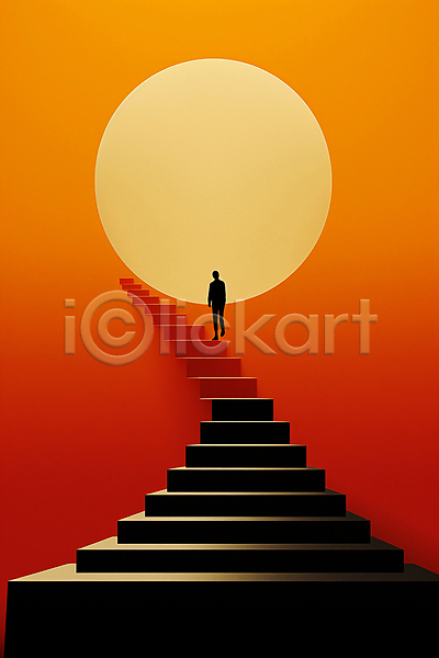 남자 성인 성인남자한명만 한명 JPG 뒷모습 실루엣 일러스트 계단 백그라운드 빨간색 전신 정상 태양 하늘