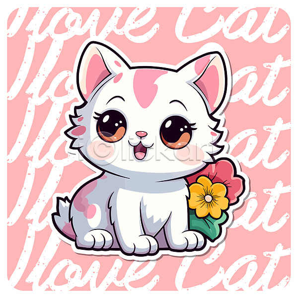 귀여움 사람없음 AI(파일형식) 일러스트 고양이 고양이캐릭터 꽃 동물 동물캐릭터 분홍색 앉기 한마리