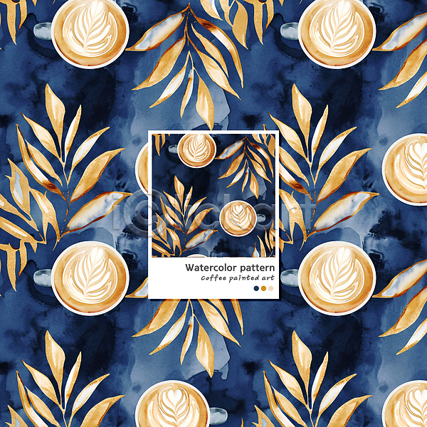 사람없음 PSD 편집이미지 남색 라떼 라떼아트 머그컵 수채화(물감) 음료 카페라떼 커피 패턴