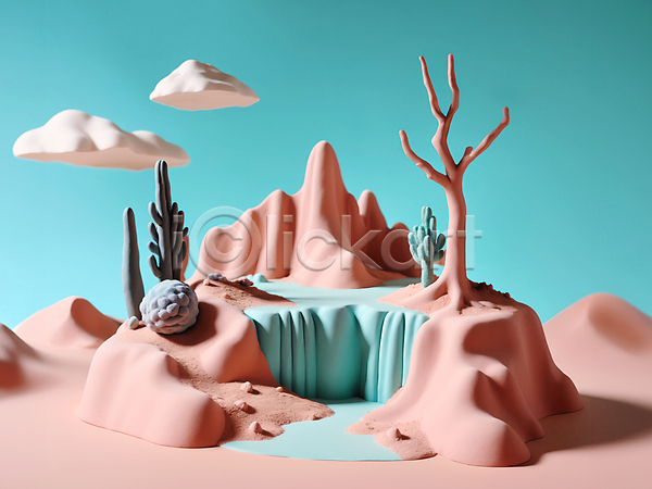 사람없음 3D JPG 디지털합성 입체 편집이미지 구름(자연) 나무 모형 사막 선인장 자연 점토 컬러풀 파스텔톤 편집소스 폭포 풍경(경치)