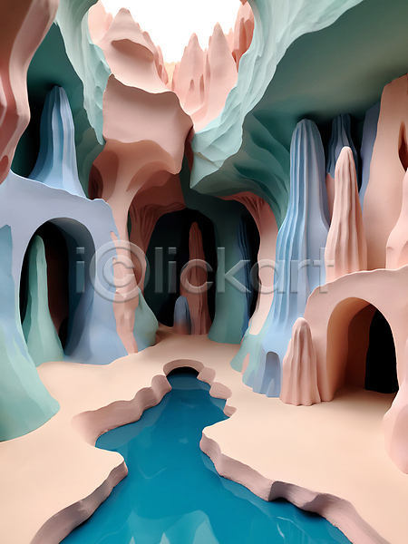 사람없음 3D JPG 디지털합성 입체 편집이미지 동굴 모형 자연 점토 컬러풀 파스텔톤 편집소스 풍경(경치) 호수