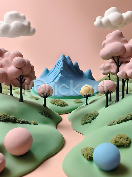 사람없음 3D JPG 디지털합성 입체 편집이미지 구름(자연) 나무 모형 산 자연 점토 컬러풀 파스텔톤 편집소스 풍경(경치)