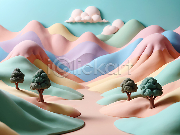 사람없음 3D JPG 디지털합성 입체 편집이미지 구름(자연) 나무 모형 산 언덕 자연 점토 컬러풀 파스텔톤 편집소스 풍경(경치)