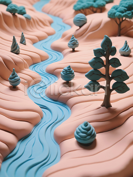 사람없음 3D JPG 디지털합성 입체 편집이미지 계곡 나무 모형 자연 점토 컬러풀 파스텔톤 편집소스 풍경(경치)