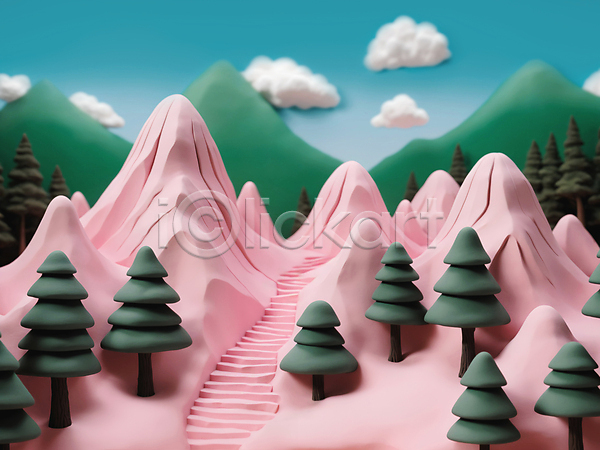 사람없음 3D JPG 디지털합성 입체 편집이미지 계단 구름(자연) 나무 모형 산 자연 점토 컬러풀 파스텔톤 편집소스 풍경(경치)