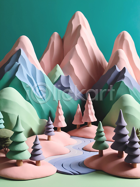 사람없음 3D JPG 디지털합성 입체 편집이미지 계곡 나무 모형 산 자연 점토 컬러풀 파스텔톤 편집소스 풍경(경치)
