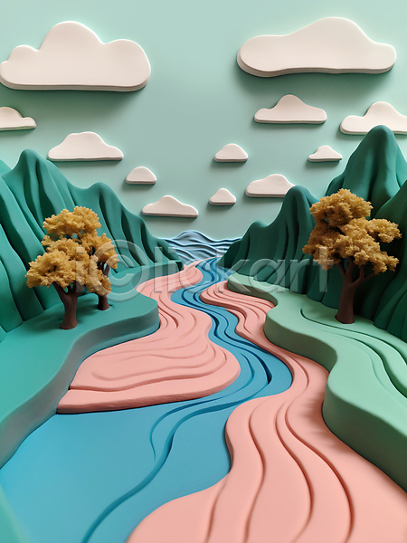 사람없음 3D JPG 디지털합성 입체 편집이미지 계곡 구름(자연) 나무 모형 산 자연 점토 컬러풀 파스텔톤 편집소스 풍경(경치)