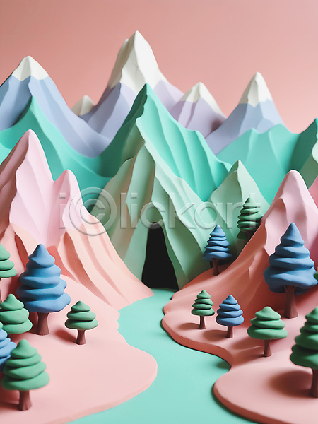 사람없음 3D JPG 디지털합성 입체 편집이미지 나무 동굴 모형 산 자연 점토 컬러풀 파스텔톤 편집소스 풍경(경치)