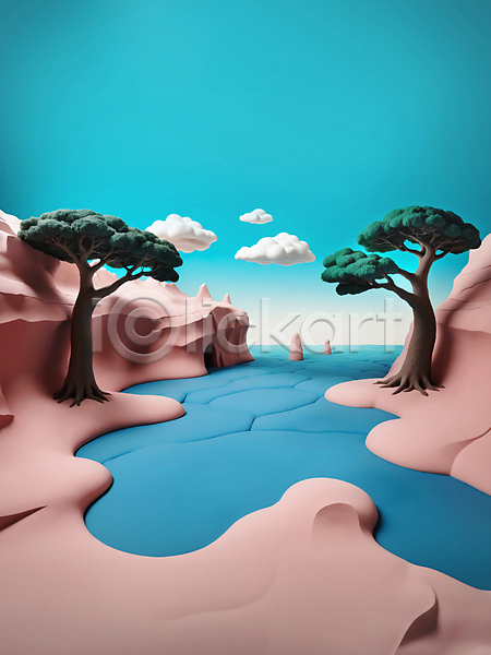 사람없음 3D JPG 디지털합성 입체 편집이미지 구름(자연) 나무 모형 자연 점토 컬러풀 파스텔톤 편집소스 풍경(경치) 호수