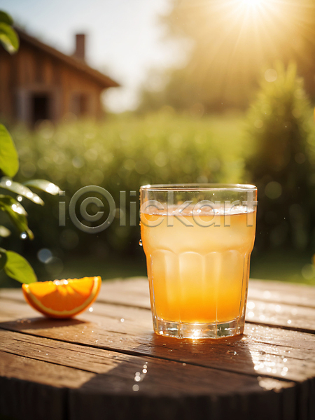 사람없음 JPG 디지털합성 편집이미지 과일 나무탁자 나뭇잎 에이드 오렌지 오렌지에이드 음료 잔 컵 편집소스