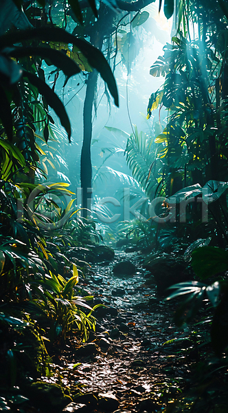 신비 사람없음 JPG 편집이미지 나무 숲속 열대 열대우림 울창 자연 파란색 풍경(경치)