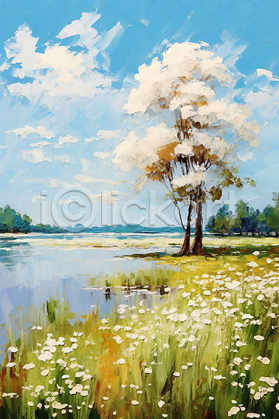 분위기 사람없음 JPG 일러스트 꽃 나무 백그라운드 유화 자연 질감 풍경(경치) 하늘 호수