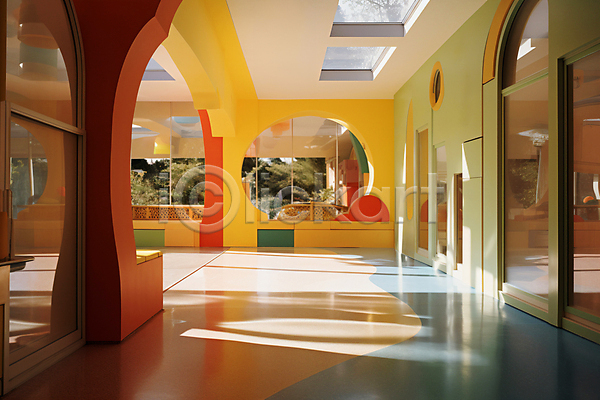사람없음 JPG 디지털합성 편집이미지 공간 그림자 노란색 놀이 실내 인테리어 창문 키즈카페 햇빛
