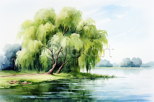 사람없음 JPG 일러스트 나무 반사 버드나무 수채화(물감) 식물 여름(계절) 연못 초록색 풍경(경치) 하늘