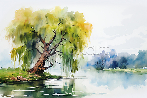 사람없음 JPG 일러스트 나무 반사 버드나무 번짐 수채화(물감) 식물 여름(계절) 연못 초록색 풍경(경치) 하늘
