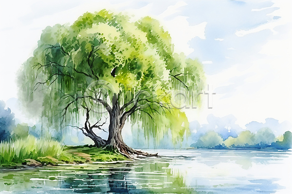 사람없음 JPG 일러스트 구름(자연) 나무 반사 버드나무 수채화(물감) 식물 여름(계절) 연못 초록색 풍경(경치) 하늘