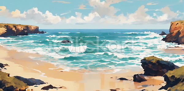 사람없음 JPG 일러스트 편집이미지 구름(자연) 맑음 모래 바다 바위 여름(계절) 자연 파도 풍경(경치) 하늘 해변 휴양지