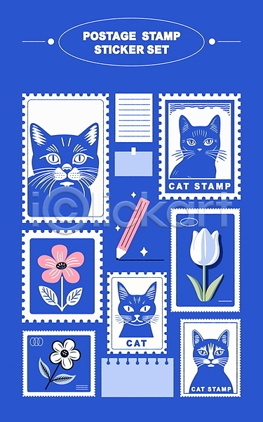 사람없음 AI(파일형식) 편집이미지 고양이 꽃 메모지 문구용품 미니멀 세트 스티커 스프링노트 엘리먼트 연필 우표 튤립 파란색