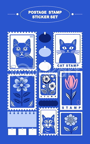 사람없음 AI(파일형식) 편집이미지 고양이 꽃 메모지 문구용품 미니멀 세트 스티커 스프링노트 엘리먼트 우표 튤립 파란색