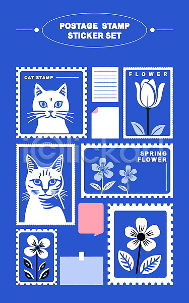 사람없음 AI(파일형식) 편집이미지 고양이 꽃 말풍선 메모지 문구용품 미니멀 세트 스티커 우표 튤립 파란색