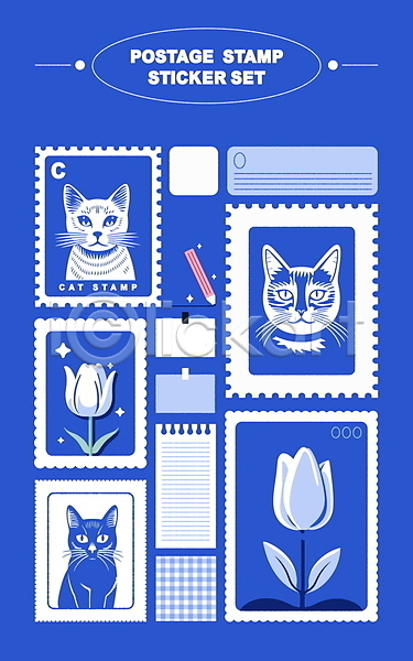 사람없음 AI(파일형식) 편집이미지 고양이 꽃 메모지 문구용품 미니멀 세트 스티커 스프링노트 우표 체크무늬 튤립 파란색