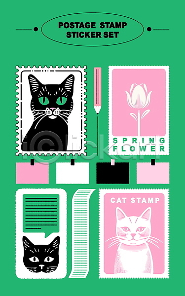 사람없음 AI(파일형식) 편집이미지 고양이 꽃 말풍선 메모지 문구용품 미니멀 세트 스티커 연필 우표 초록색 튤립