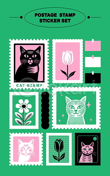 사람없음 AI(파일형식) 편집이미지 격자 고양이 꽃 메모지 문구용품 미니멀 세트 스티커 엘리먼트 우표 초록색 튤립