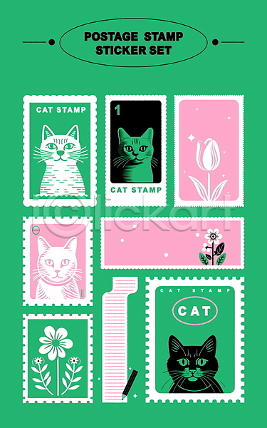 사람없음 AI(파일형식) 편집이미지 고양이 꽃 메모지 문구용품 미니멀 세트 스티커 연필 우표 초록색 튤립