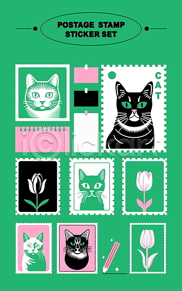 사람없음 AI(파일형식) 편집이미지 고양이 꽃 메모지 문구용품 미니멀 세트 스티커 스프링노트 연필 우표 초록색 튤립