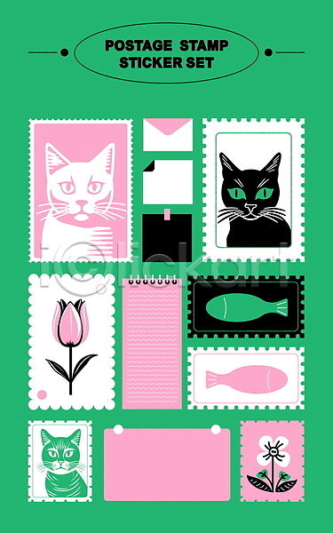 사람없음 AI(파일형식) 편집이미지 고양이 꽃 메모지 문구용품 미니멀 세트 스티커 스프링노트 어류 우표 초록색 튤립