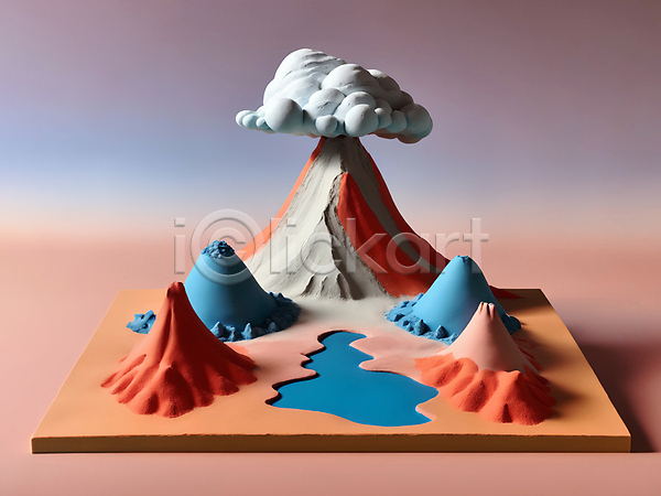사람없음 JPG 디지털합성 편집이미지 모형 미니어처 분출 연기 점토 편집소스 호수 화산
