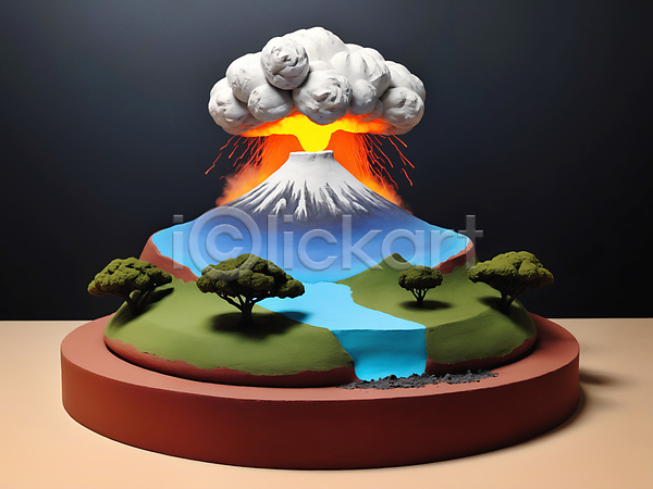 사람없음 JPG 디지털합성 편집이미지 강 나무 모형 미니어처 분출 연기 용암 점토 편집소스 화산