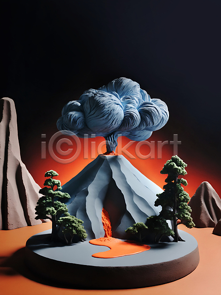 사람없음 JPG 디지털합성 편집이미지 나무 모형 미니어처 분출 연기 용암 점토 편집소스 화산