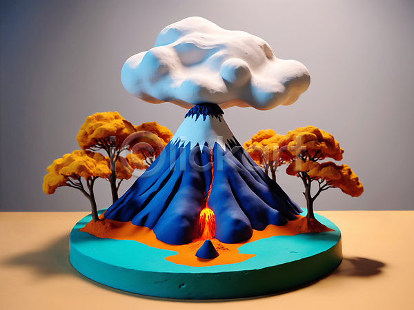 사람없음 JPG 디지털합성 편집이미지 그림자 나무 모형 미니어처 분출 연기 용암 점토 편집소스 화산