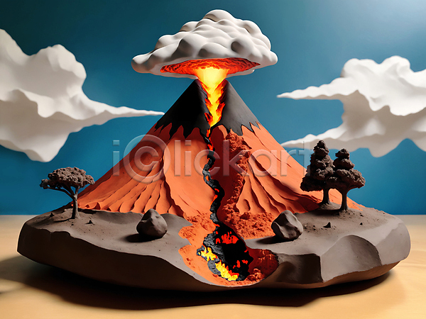 사람없음 JPG 디지털합성 편집이미지 구름(자연) 나무 모형 미니어처 분출 연기 용암 점토 편집소스 화산