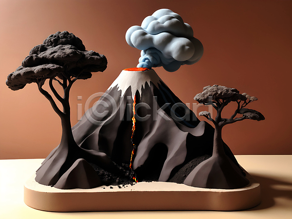 사람없음 JPG 디지털합성 편집이미지 나무 모형 미니어처 분출 연기 용암 점토 편집소스 화산