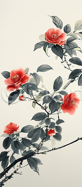 사람없음 PSD 일러스트 꽃 나뭇가지 동백 동백나무 동양화 백그라운드 붓터치 빨간색 수묵화 잎 전통
