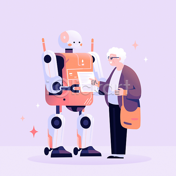 도움 미래 행복 노년 노인여자한명만 여자 한명 AI(파일형식) 일러스트 AI(인공지능) 공학 과학 과학기술 기술 도우미 라이프스타일 로봇 마주보기 전신 정보기술 주황색 친구